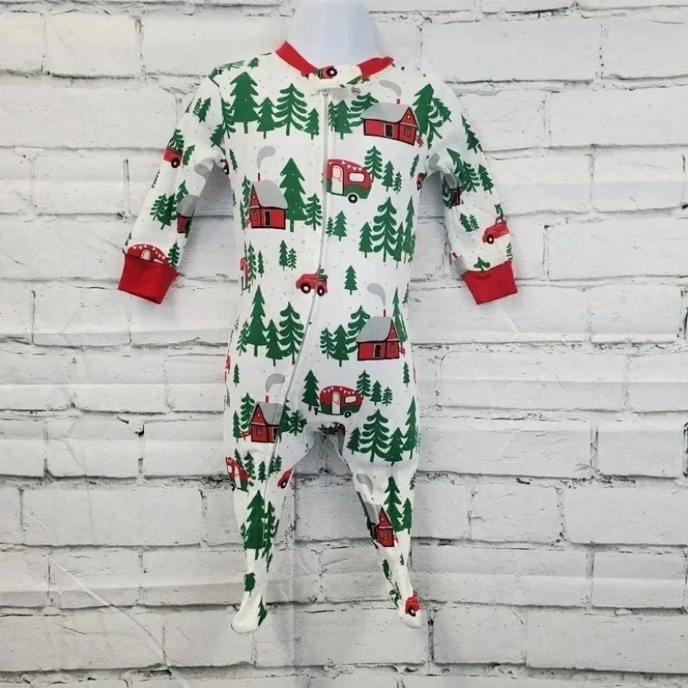0-3 Month Infant Forest Theme White and Green Footed Christmas Onesies